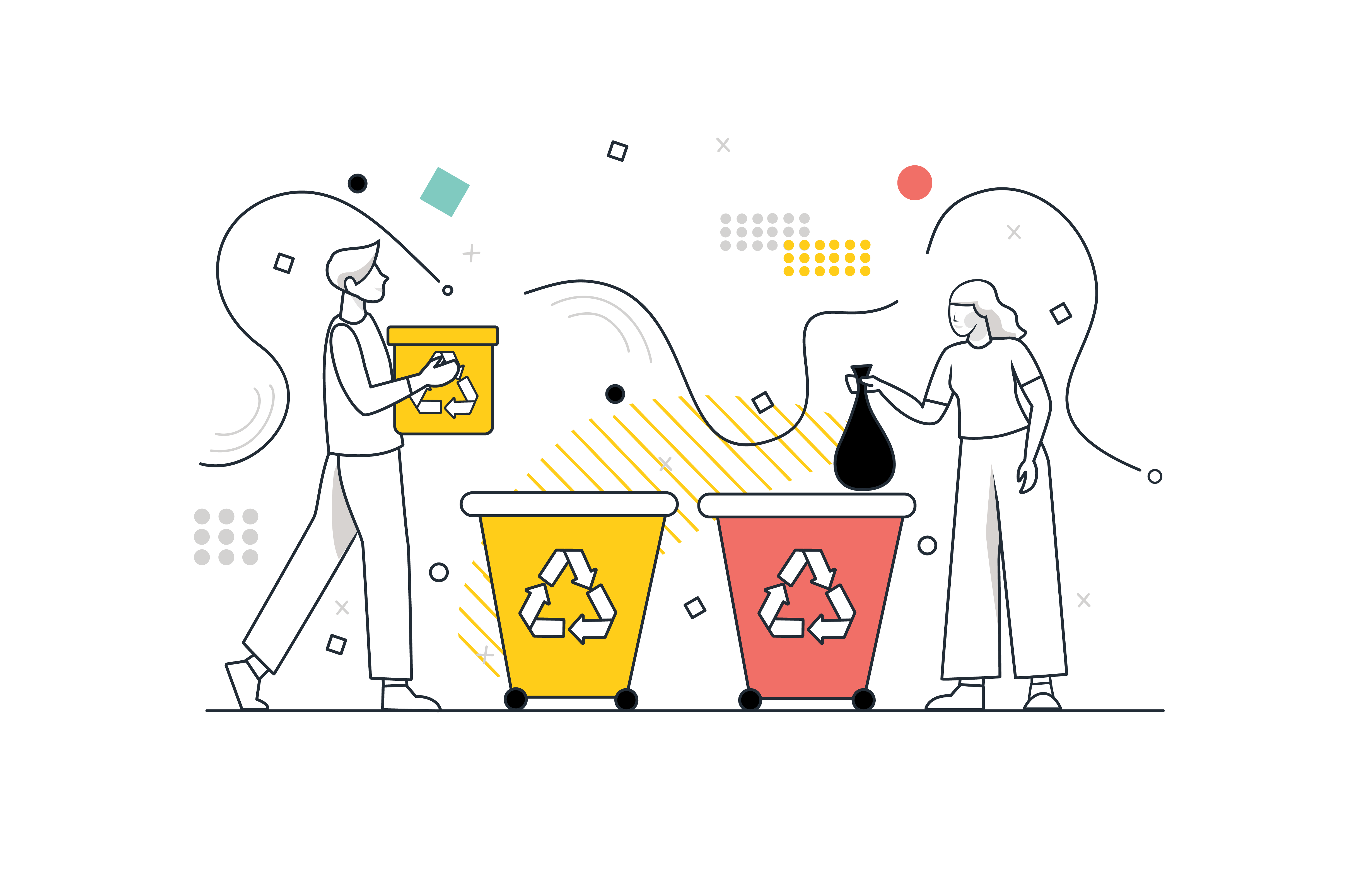 Eine Illustration, die Nachhaltigkeit in der Bauwirtschaft darstellt, zeigt zwei Personen, die Müll in farblich gekennzeichnete Recycling-Behälter werfen. Dies symbolisiert die Bedeutung von Recycling und Abfallmanagement als Teil nachhaltiger Praktiken in der Bauindustrie.