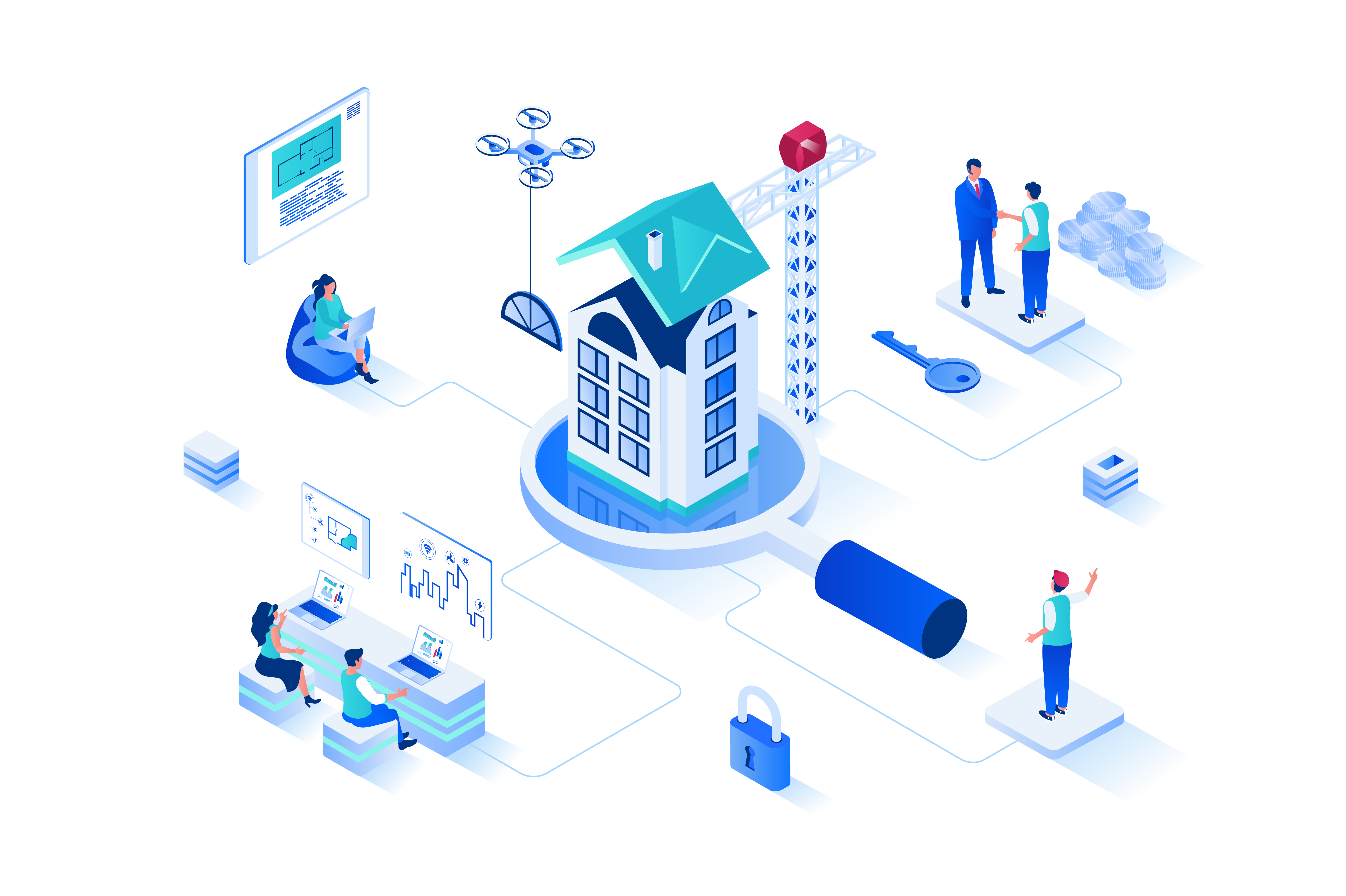 Illustration der VOB in der Immobilienentwicklung: zeigt ein Gebäude unter einer Lupe, umgeben von Szenen der Bauplanung, Technologie und Vertragsabschlüssen.