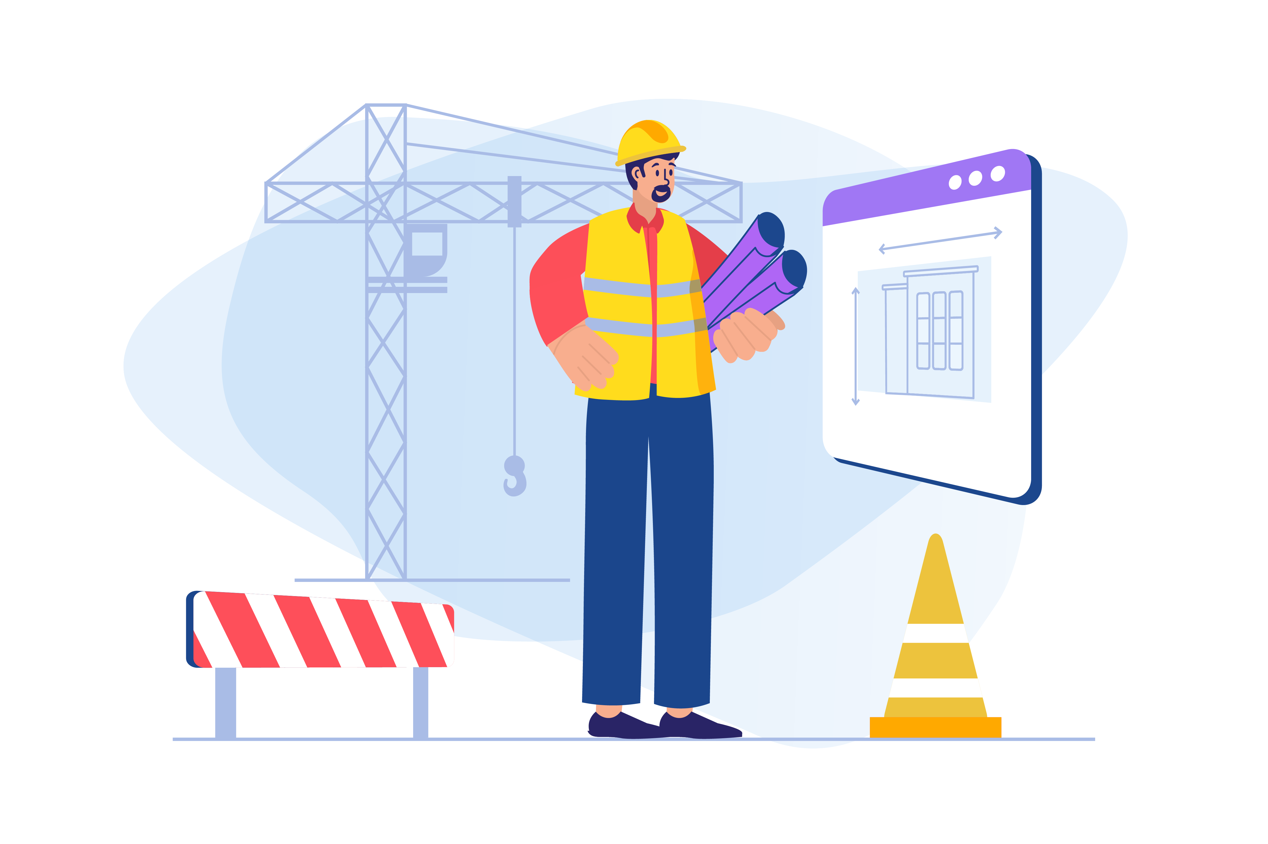 Illustration eines Bauleiters auf einer Baustelle. Der Bauleiter trägt einen gelben Schutzhelm und eine Warnweste und hält Baupläne in der Hand. Im Hintergrund ist ein Kran sichtbar sowie eine Bauzeichnung auf einem digitalen Bildschirm. Ein Verkehrshindernis und ein Warnkegel sind im Vordergrund zu sehen, die die Baustellenumgebung unterstreichen.