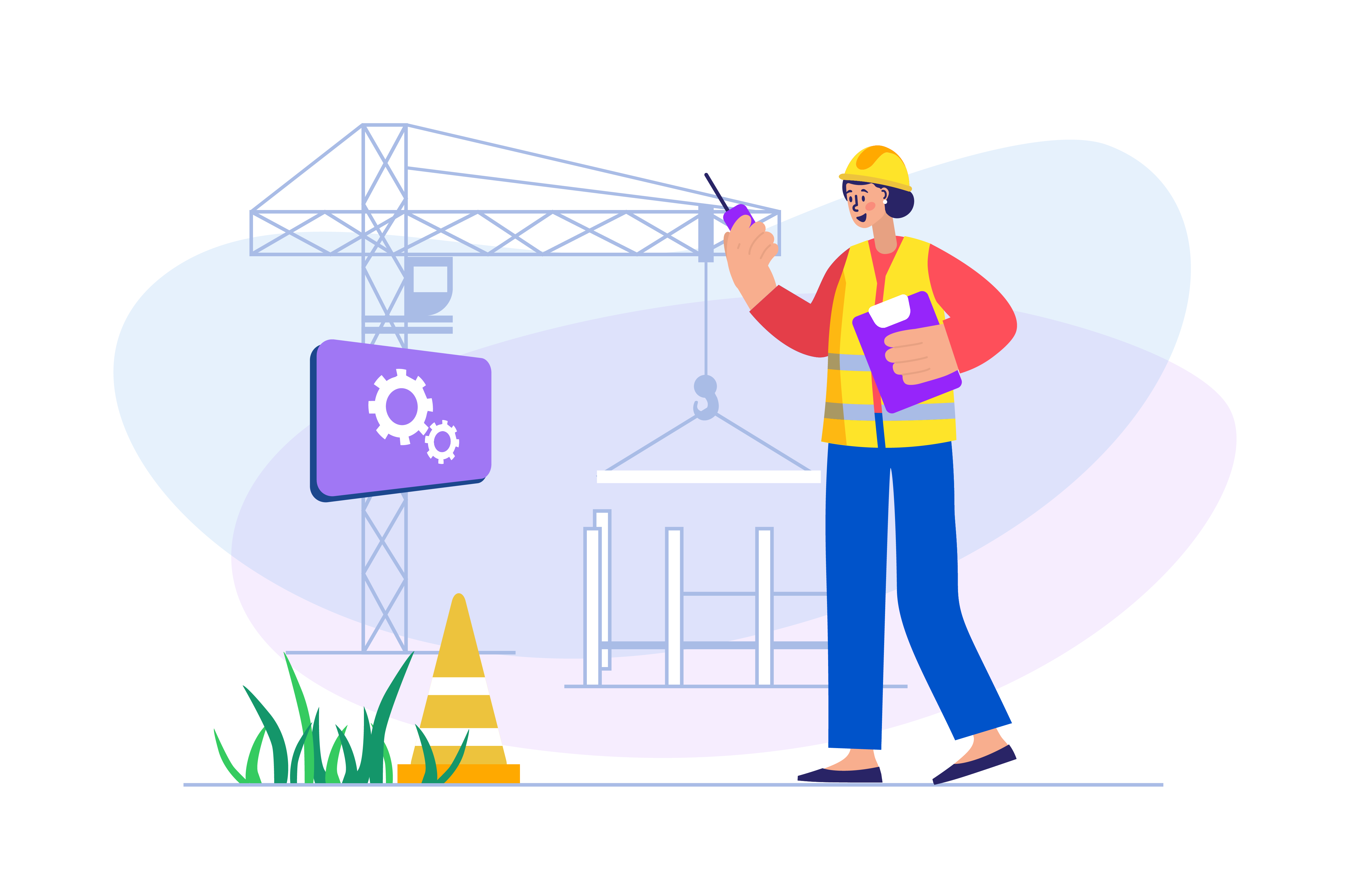 Ein Bauleiter auf einer Baustelle, der ein Walkie-Talkie und eine Bauplanmappe hält, koordiniert den Kranbetrieb im Hintergrund. Die Illustration zeigt die zentrale Rolle des Bauleiters bei der Überwachung von Bauarbeiten und der Einhaltung von Sicherheitsstandards. Ein Bauleiter sorgt dafür, dass Bauprojekte effizient und sicher ablaufen, indem er alle Bauaktivitäten plant, überwacht und koordiniert.