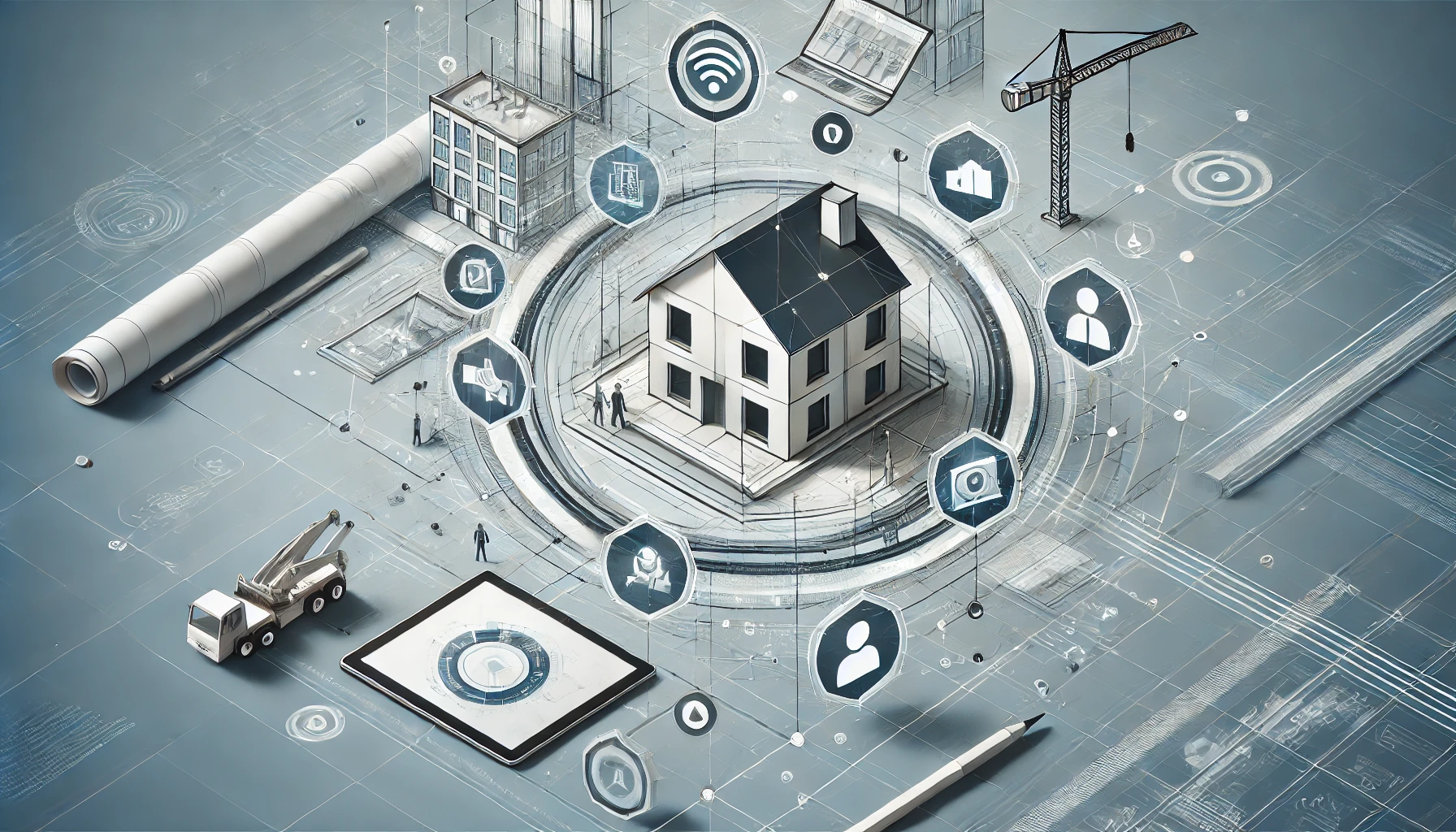 Eine klare und scharfe abstrakte Darstellung der Digitalisierung auf einer Baustelle. Saubere und präzise Symbole wie Tablets, Smartphones und digitale Pläne sind zu sehen. Geometrische Formen und Linien in einem modernen, schlanken Design vermitteln Effizienz und technologische Integration. Das Farbschema ist sauber und professionell, mit Blautönen und Grautönen.