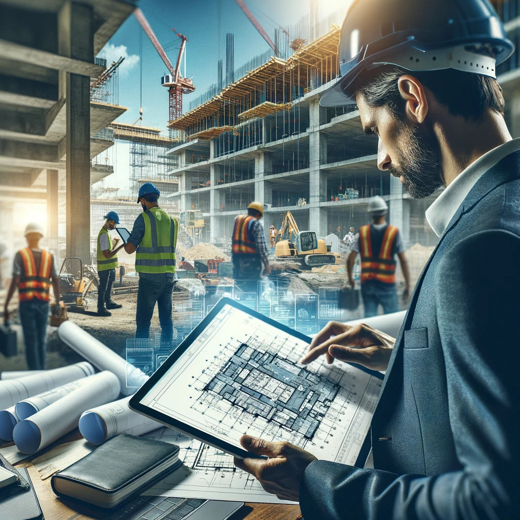 Ein Architekt überprüft einen digitalen Bauplan auf einem Tablet an einer Baustelle, mit Arbeitern und Baumaschinen im Hintergrund, was die Digitalisierung in der Bauindustrie hervorhebt.