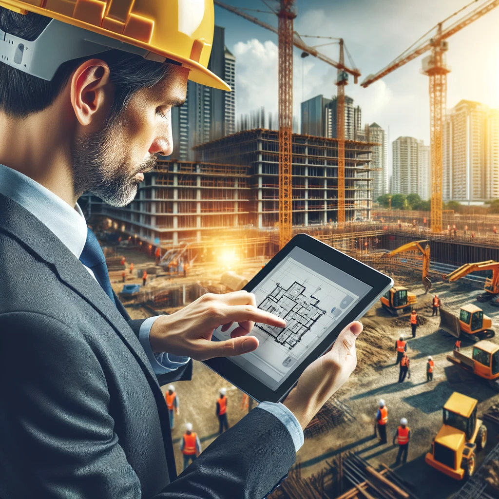 Ein Baustellenmanager verwendet ein Tablet, um einen digitalen Bauplan direkt auf der Baustelle zu aktualisieren. Im Hintergrund ist eine belebte Baustelle mit Arbeitern und verschiedenen Maschinen zu sehen, was die Integration digitaler Werkzeuge im modernen Baumanagement hervorhebt.