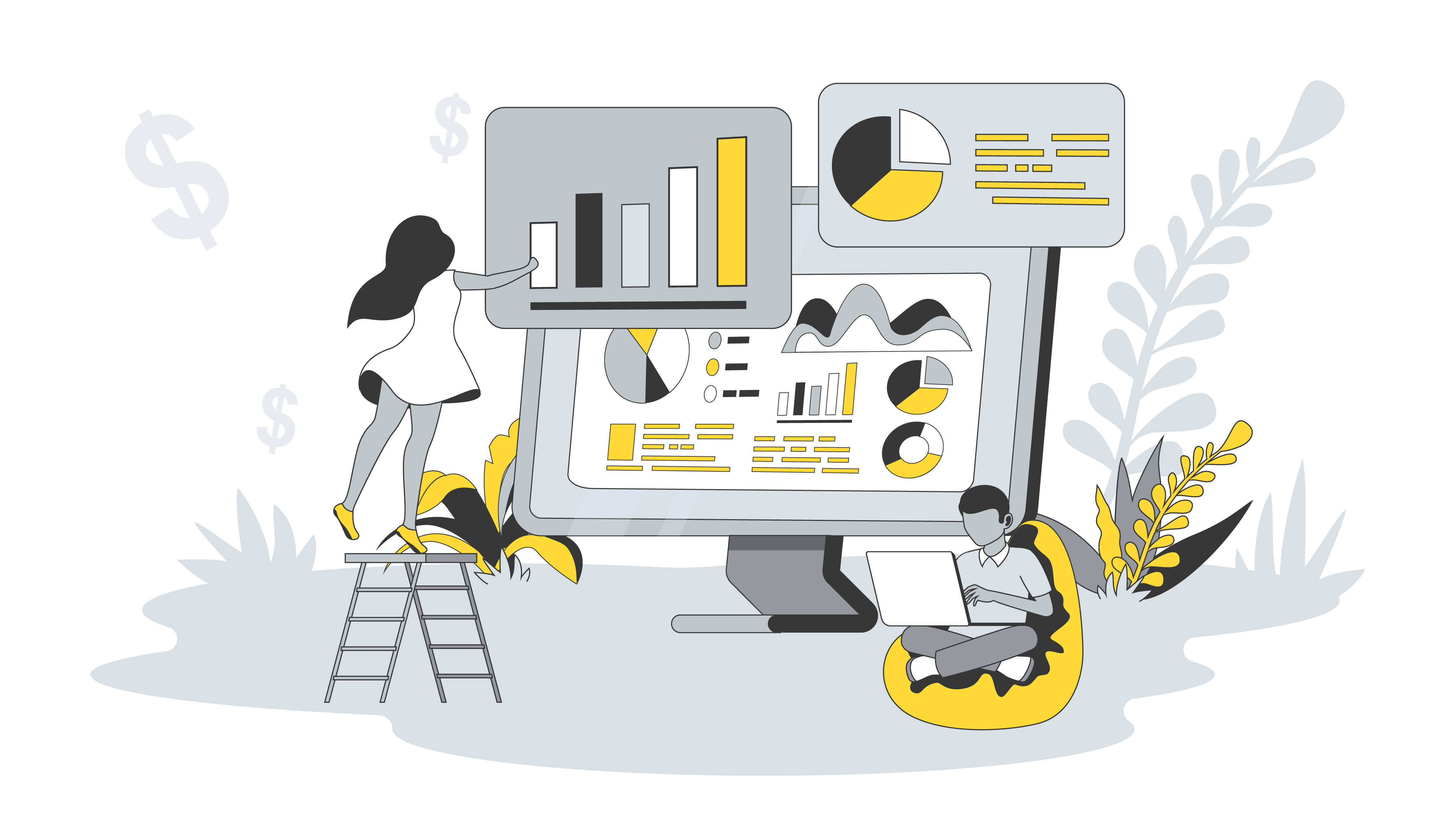 Illustration einer Frau, die auf einer Leiter steht und Diagramme auf einem großen Bildschirm anzeigt, während ein Mann daneben sitzt und auf einem Laptop arbeitet. Dies symbolisiert die Visualisierung und Analyse von Finanzdaten im Zusammenhang mit Kostenkontrolle und Budgetmanagement im Bauwesen. Das Keyword "Kostenkontrolle und Budgetmanagement im Bauwesen" wird vollständig in der Beschreibung verwendet.