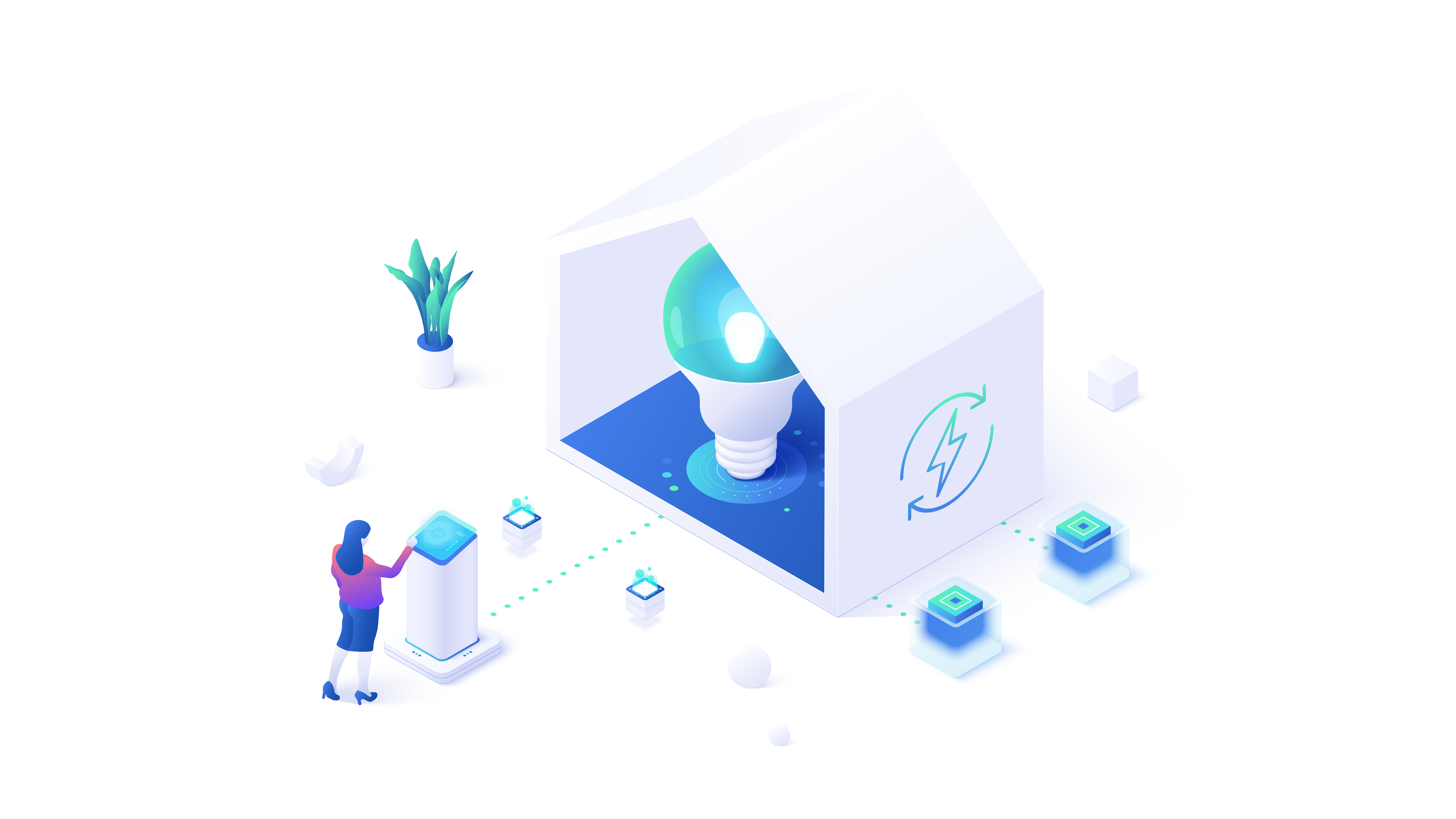 Eine Illustration, die Nachhaltigkeit in der Bauwirtschaft durch Energieeffizienz darstellt. Zu sehen ist eine große Glühbirne in einem Haus, die symbolisiert, wie erneuerbare Energien und innovative Technologien zur Reduktion des Energieverbrauchs beitragen. Eine Person interagiert mit einer Steuerungseinheit, was die Integration intelligenter Systeme in nachhaltige Baupraktiken verdeutlicht.</p>
<p>