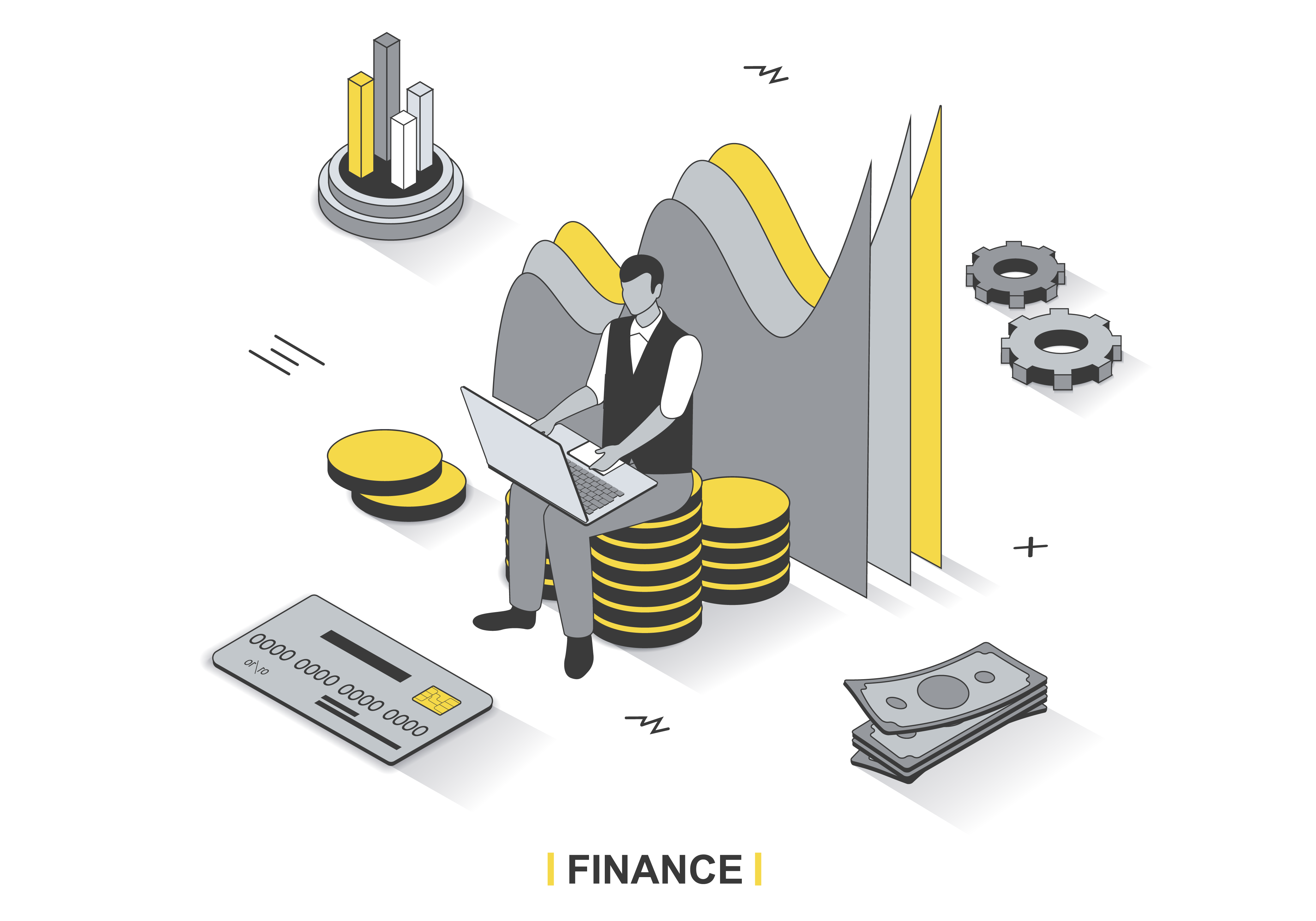 Illustration eines Mannes, der auf einem Stapel Münzen sitzt und an einem Laptop arbeitet. Um ihn herum befinden sich Diagramme, Zahnräder, Bargeld und eine Kreditkarte, die verschiedene Aspekte der Finanzverwaltung darstellen. Das Keyword "Kostenkontrolle und Budgetmanagement im Bauwesen" wird vollständig in der Beschreibung verwendet.