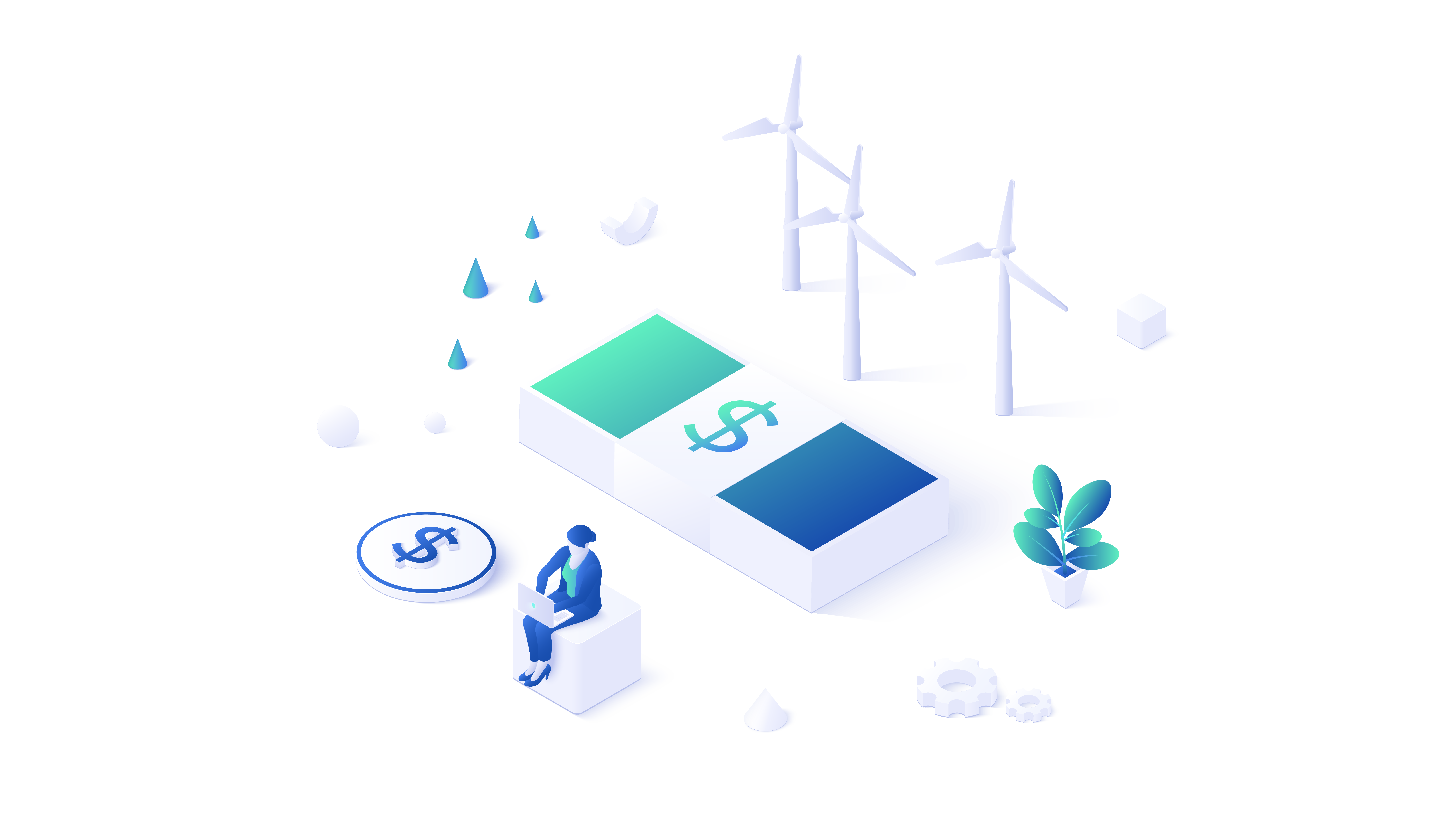 Eine Illustration von Nachhaltigkeit in der Bauwirtschaft mit einem Fokus auf erneuerbare Energien und finanziellen Aspekten. Zu sehen sind Windkraftanlagen, nachhaltige Energiequellen und ein Mensch mit einem Laptop, der die Integration von nachhaltigen Praktiken in der Bauwirtschaft symbolisiert.